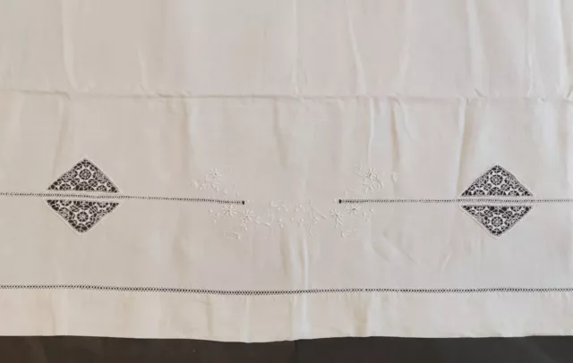 Lenzuolo Lino Bianco 388X232 Mazzo di Fiori Con Ritorno Ricamo Fuso Fatto a Mano