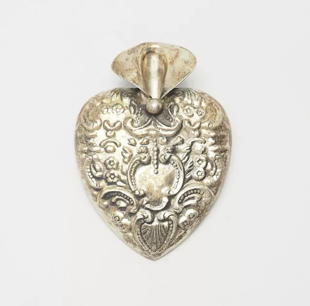 Antique repousse heart shape sterling silver Posy Holder brooch pin