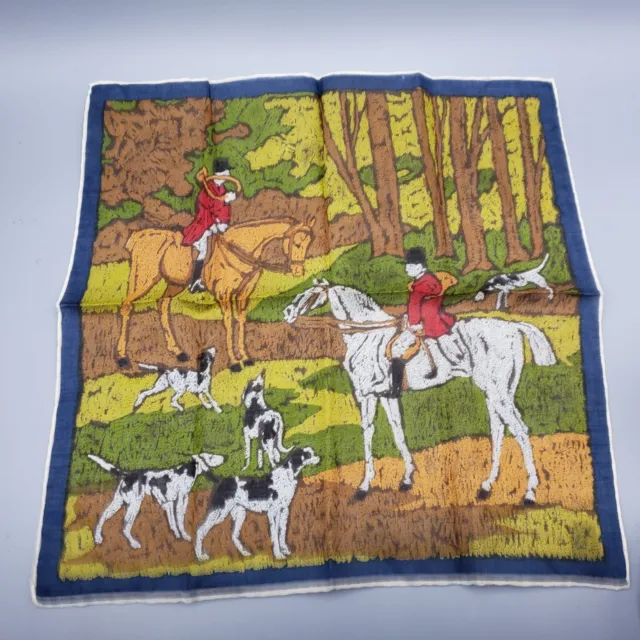 Vintage Hankie Handkerchief Hunting Scene Rolled Hem Silk? Horse Dogs Riders