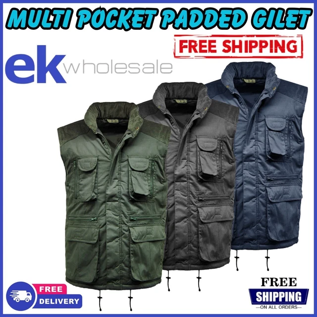 Giacca da uomo Multi Tasca Completamente Foderata Gilet Imbottita e Impermeabile Regno Unito