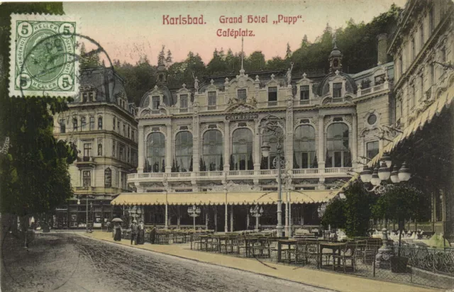 PC CPA CZECHIA KARLSBAD GRAND HOTEL PUPPET CAFÉPLATZ Vintage Postcard (b27450)