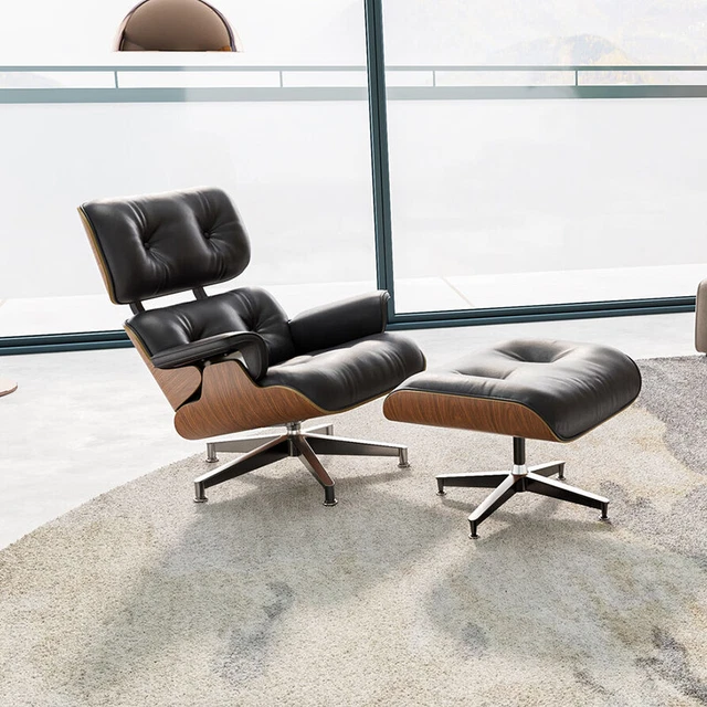EAMES LOUNGE CHAIR and Ottoman Genuine Leather Armchair Walnut Black