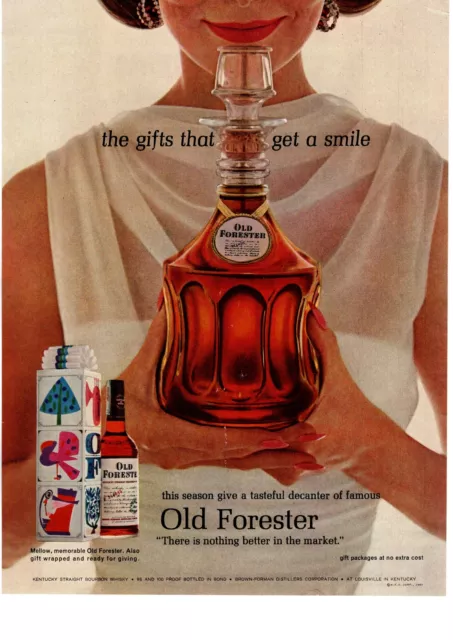 1963 Old Forester Bourbon Whiskey Christmas Decanter Gift Wrapped Box Print Ad