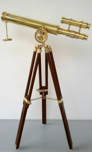 Double Barrel Astro Nautical Brass Wooden Tripod Telescope Collectible Gift Deco