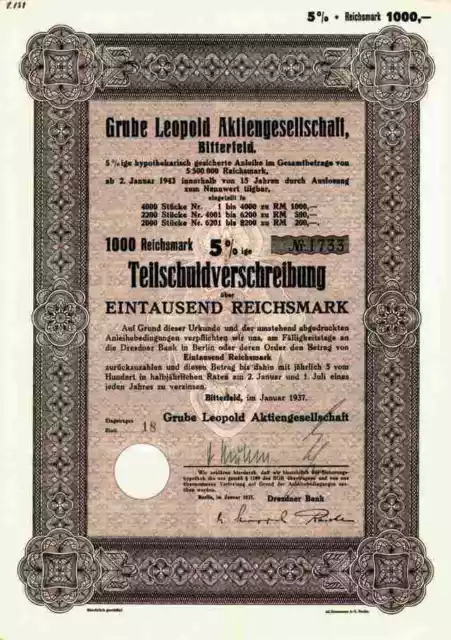 Grube Leopold 1937 Bitterfeld Holzweißig Goitzsche EXPO 1000 RM Braunkohle Koks