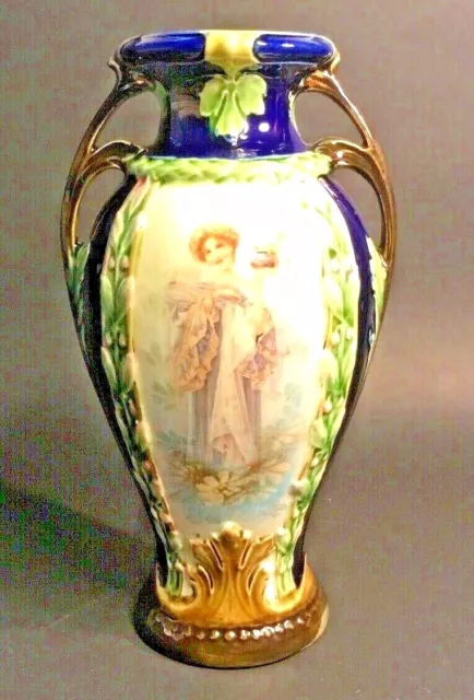 Antique Bohemian Jugendstil Cobalt Majolica Handled Vase Austria c.1890