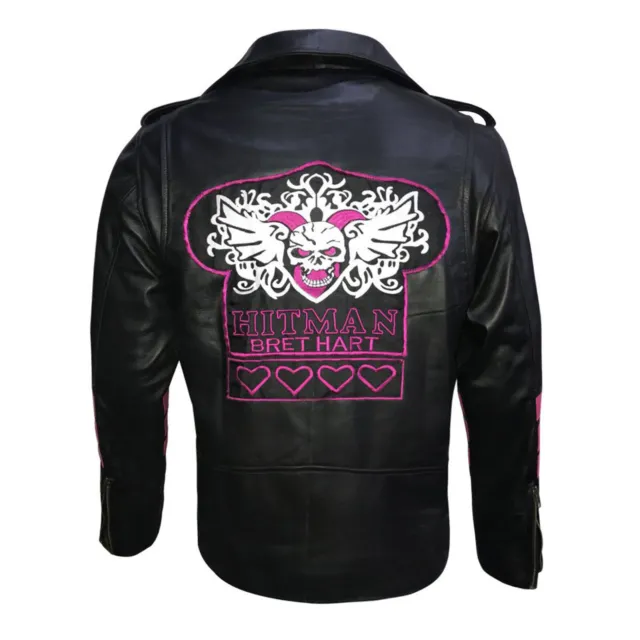 Mens Legend Hitman Hart Bret Fighting Skull Embroidery Genuine Leather Jacket