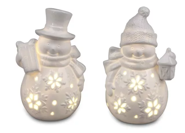 780010 Muñeco de Nieve Con Luz LED + Temporizador 15cm De Blanco Porcelana