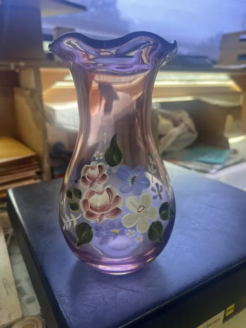 Fenton Teleflora 8” Ruffled Vase Purple Amethyst Glass Hand Painted Flowers