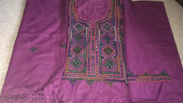 HAND EMB PAKISTANI/BALOCHI 3Pcs MARINA MIRROR WORK SHAWL SUIT. UNSTITCH. PURPLE