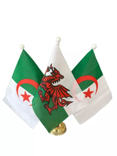 Wales and 2 x Algeria 9"X6" Table Flags on Plastic Gold Base