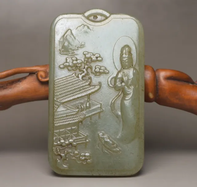 Chinese Natural Hetian Jade Carving Kwan Yin Statue Lucky Jade Pendant Jewelry