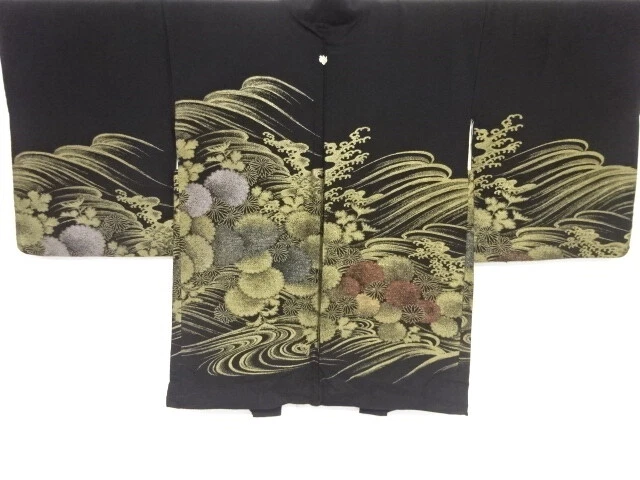 46142# Japanese Kimono / Antique Haori / Woven Kiku With Rough Wave