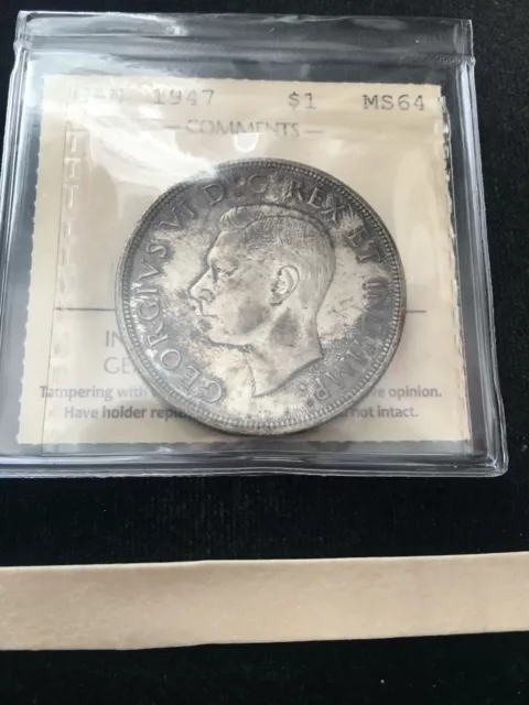 1947  Blunt, ICCS Graded Canadian Silver Dollar **MS-64**