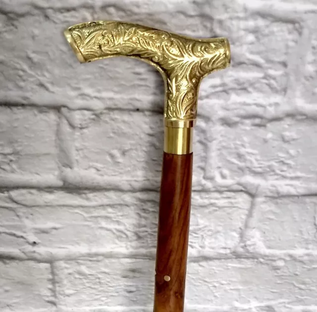 Designer Victorian Handle Brown Wooden Walking Stick Brass Inlaid Cane Antique