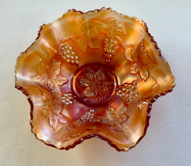 Vintage Carnival Glass Grape And Vine Bowl Bon Bon Dish  7” Marigold Ruffle Rim
