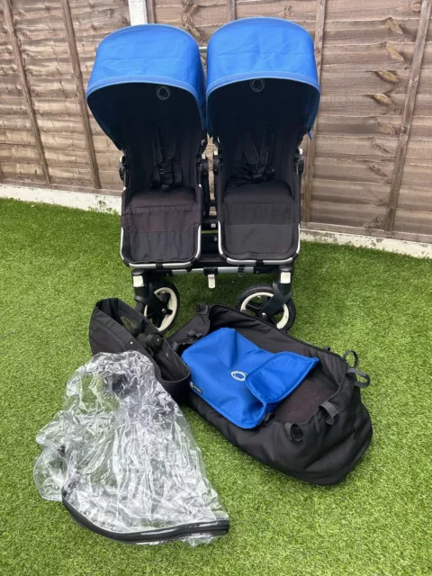 Bugaboo Donkey Duo/Twin with carrycot Double pushchair Buggy Pram Blue Hoods