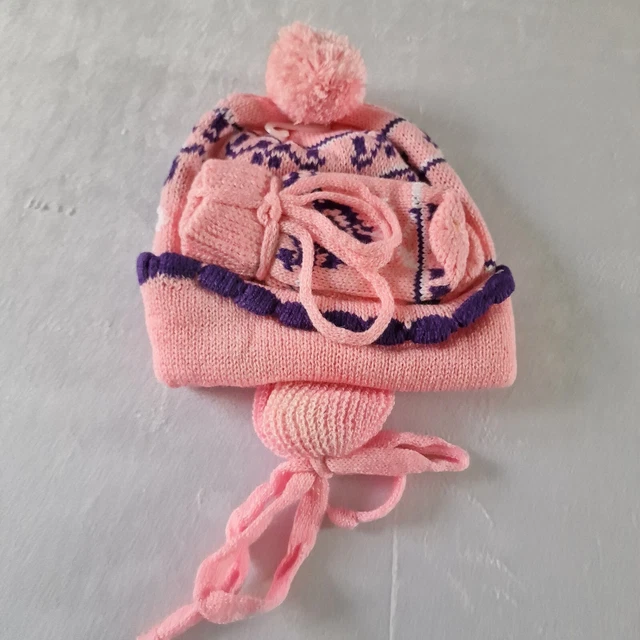 Set cappelli e guanti vintage per bambini -1-2 anni - Deadstock acrilico rosa KB21