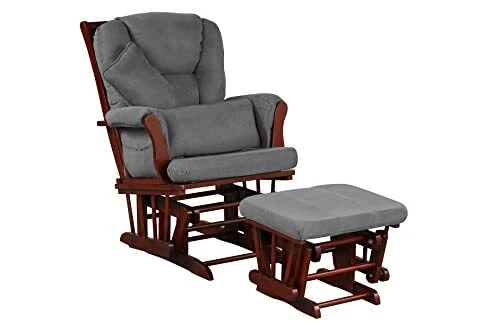 Wood Glider Chair and Cherry Wood With Gray Cushion and Back Arm Pillows