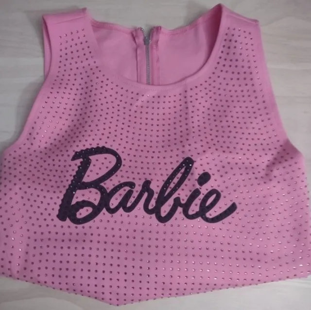 Barbie Movie Forever 21 Pink Iconic Logo Bling Studded Shirt Silver Zipper