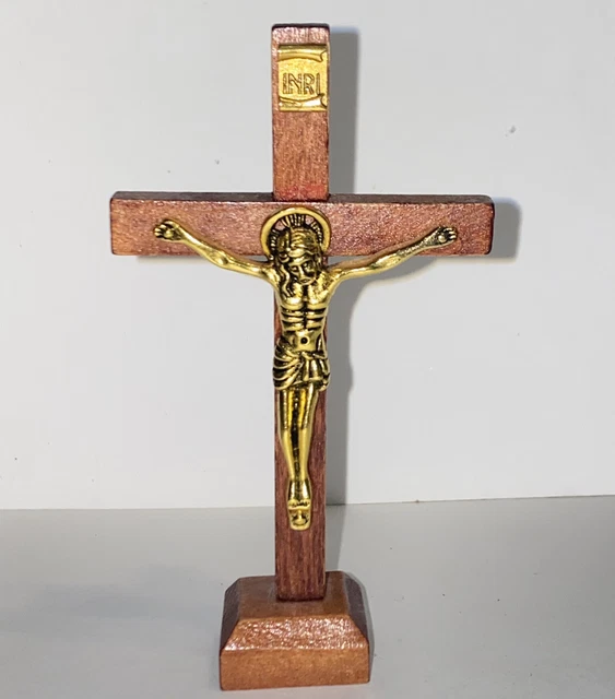 Vintage Sacred Heart Southern Missions Wood & Brass Crucifix Jesus on Cross
