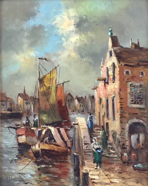 Altes Öl Gemälde wohl Rolf Hank Eifel 1939-2008 Am Hafen wohl Holland Nachlass