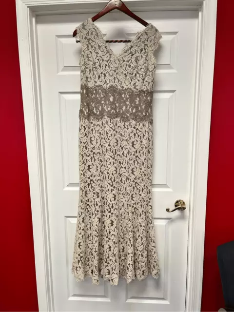 Tadashi Shoji Gown Sleeveless V-Neck Lace in Beige & Tan sz 16 EUC