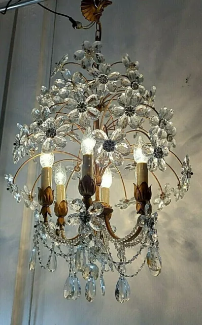 Bellissimo lampadario d'epoca ottone fiori cristalli Old Chandelier glass Lustre