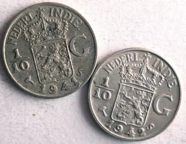 1941 & 1942 DUTCH EAST INDIES 1/10 GULDEN - 2 Silver Coins - Lot #A15