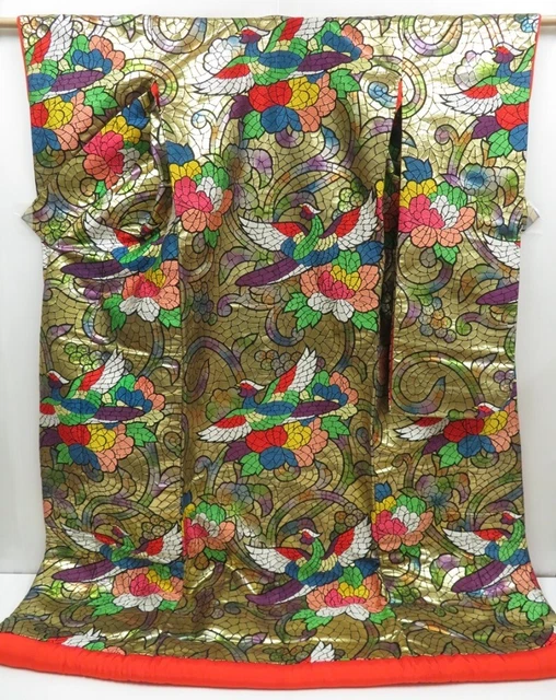 2916T04z3680  Japanese Kimono Silk UCHIKAKE Pheasant Gold
