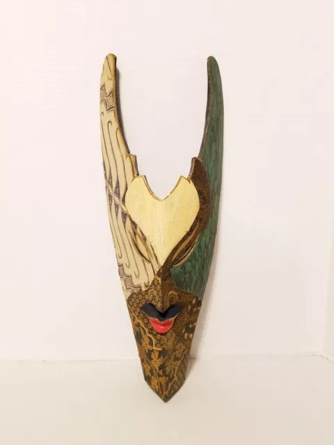 Bali Ethnic Wood Carved Tribal Mask with Decorative Fabric & Paint by Sejati 17"