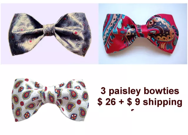 Bowties, three paisley hand sewn pre tied Price is for all three