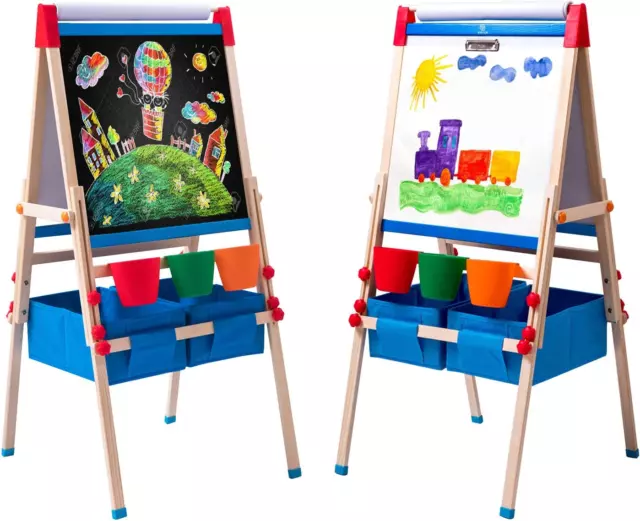 Kid'S Art Easel with Adjustable Double-Sided Magnetic Board, Paper Roll, Storage