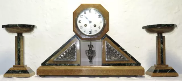 Luxueuse pendule / garniture 3 pièces art déco onyx bronze marbre vert  clock