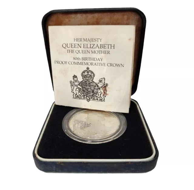 1980 Silver Proof Crown Queen Elizabeth Queen Mother 80th Birthday Coin COA Box