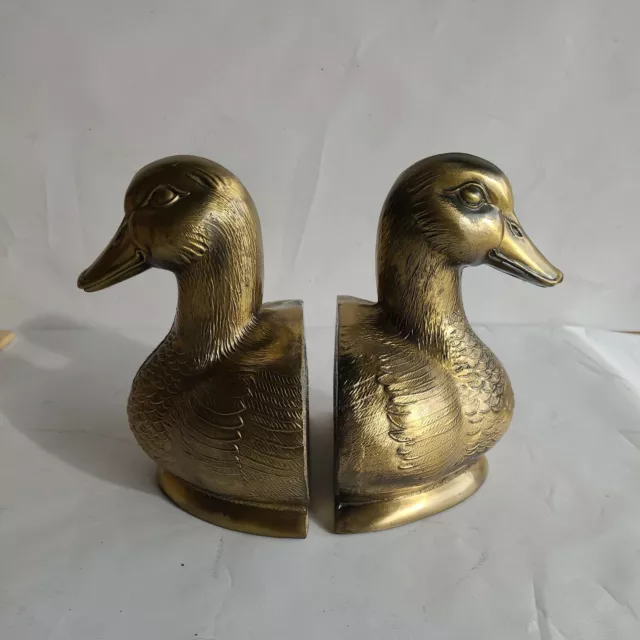 VTG Pair Of Heavy 7” Brass Duck Bookends Natural Patina Mid Century Modern Decor