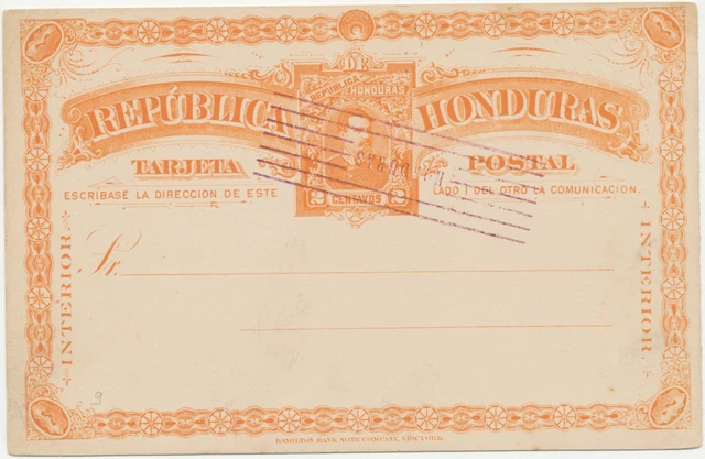 HONDURAS 1891 2C orange Kab.-GA-Postkarte m selt ERSTTAG-Gefälligkeitsentwertung
