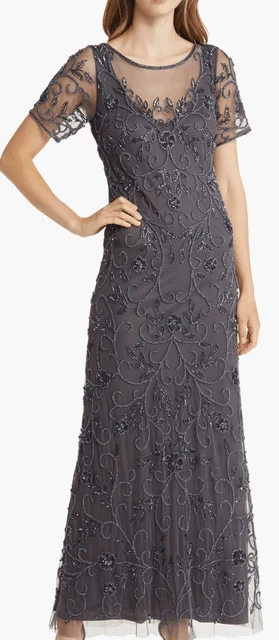 Pisarro Nights Floral Beaded Short Sleeve A-Line Gown