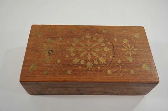 Hand Carved Jewelry Trinket Box Ornate Brass Inlay Sheesham Wood India