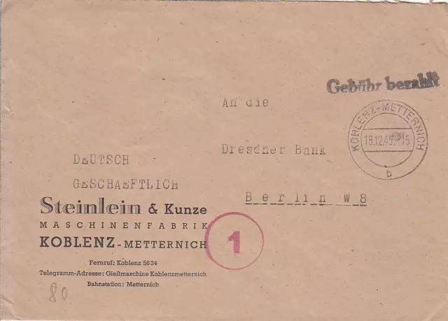 F.Zone - KOBLENZ  -  METTERNICH - Gebühr bezahlt - Brief - 1945