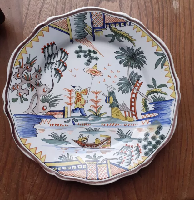 Vtg French Rouen Faience Chinese Chinoiserie Pottery Large Plate Hand Painted