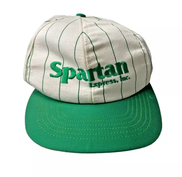 Vtg Spartan Express Inc Green Pin Striped Snapback Truckers Cap Hat Made in USA