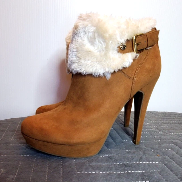 GBG by Guess Women's Booties 10M Platform Boots Faux Suede Fur Brown Stiletto