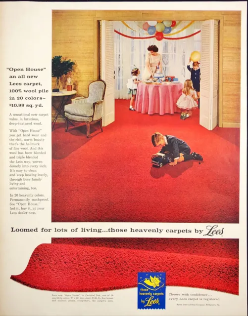 1960 Lees Carpet Print Ad Red Mid Century Modern Kids Party Playing on Carpet