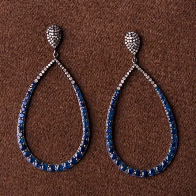 Blue Sapphire Pave Diamond Gold Plated Earring 925 Sterling Silver Jewelry MN