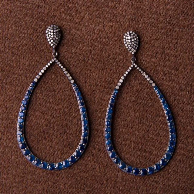 Blue Sapphire Pave Diamond Gold Plated Earring 925 Sterling Silver Jewelry