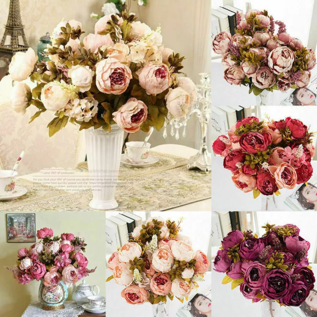 13 Head Vintage Artificial Peony Silk Flower Bouquet Wedding Party Home Decor UK