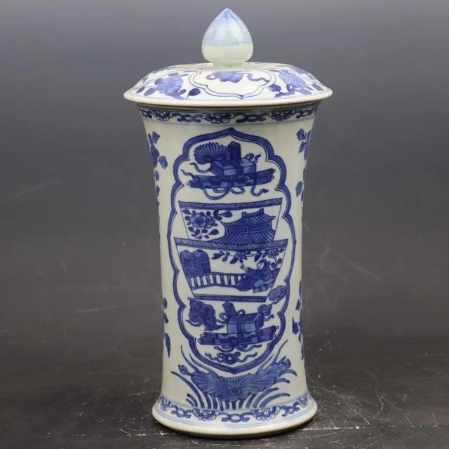Chinese Blue and White Porcelain Jar Bogu Pattern Pot Tea Caddy 13.2 inch 1969S