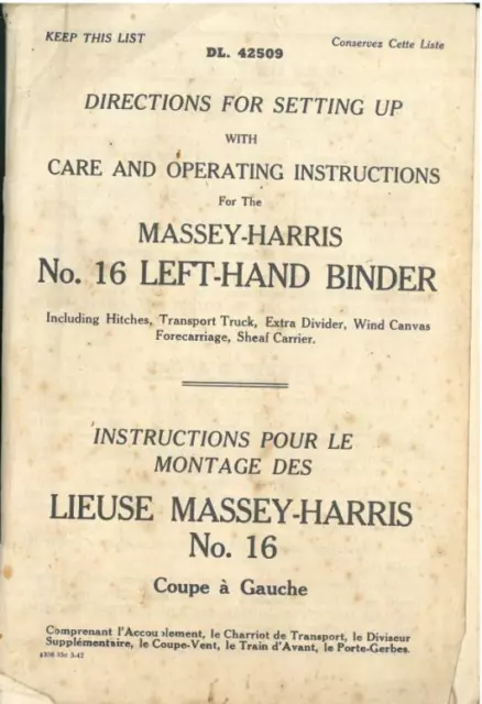Massey Harris No.16 Left-Hand Binder Operators Manual