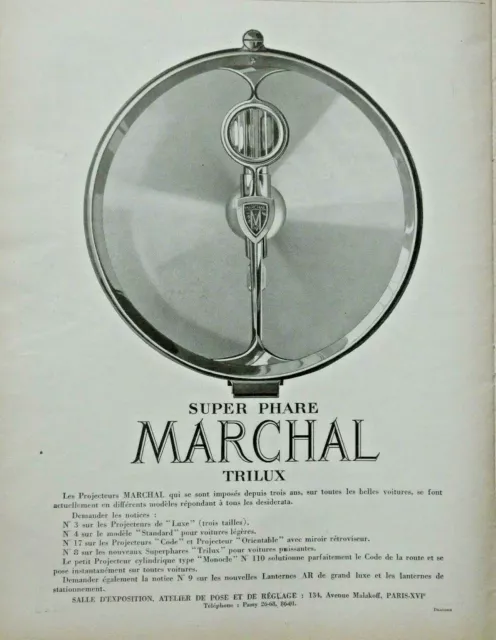 Publicité De Presse 1926 Projecteurs Super Phare Marchal Trilux De Luxe